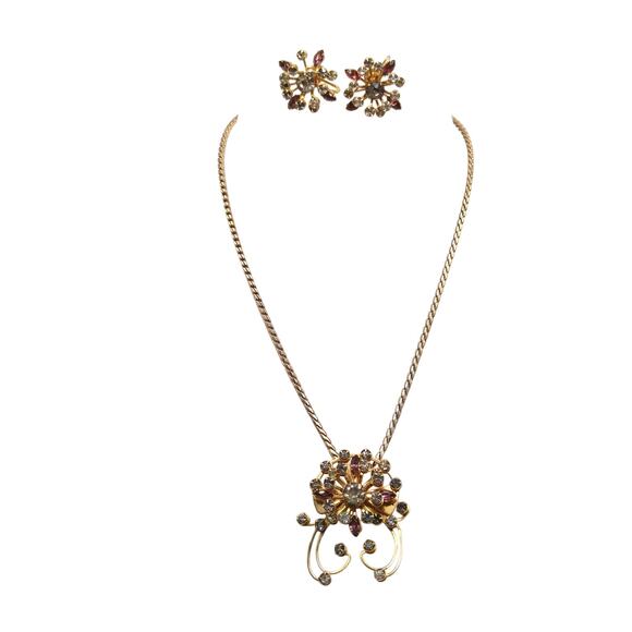 Floral Purple Rhinestone Pendant Brooch Necklace Earrings Set